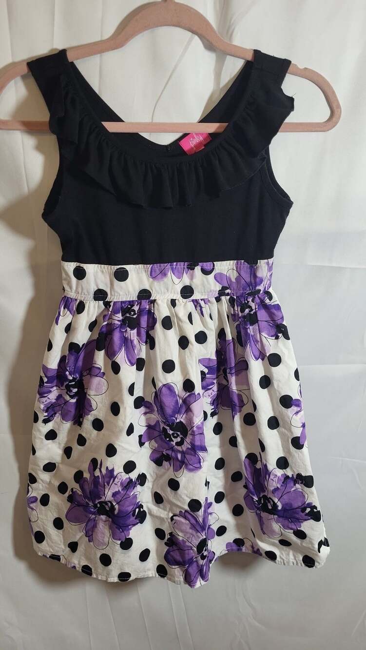 Pinky Girls Size 10 Black Ruffle Top Dress with Purple Floral and Polka Dot Skir
